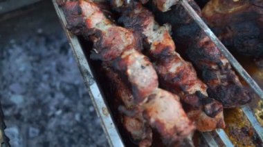 Barbekü ızgara lezzetli ızgara et ile. Barbekü partisi. Bir kömüre kızarmış tavuk et parçaları ızgara .