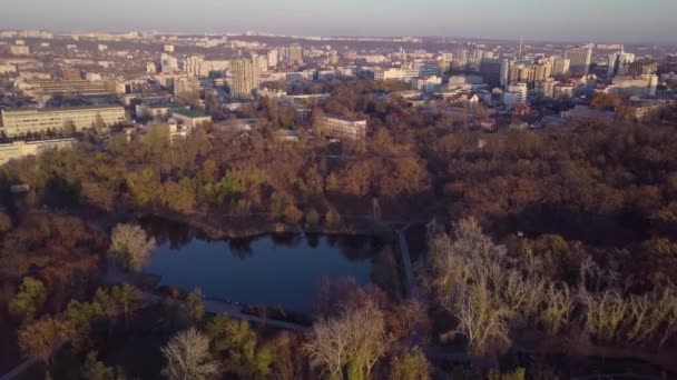 Picturesque Aerial Drone Flight Calm Small City Cityscape Mirror Surface — Stock Video