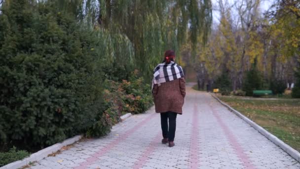 Kvinnan promenader genom parken — Stockvideo