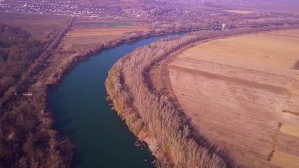 Vol Lent Drone Dessus Rivière Bleue Des Terres Agricoles Rivière — Video