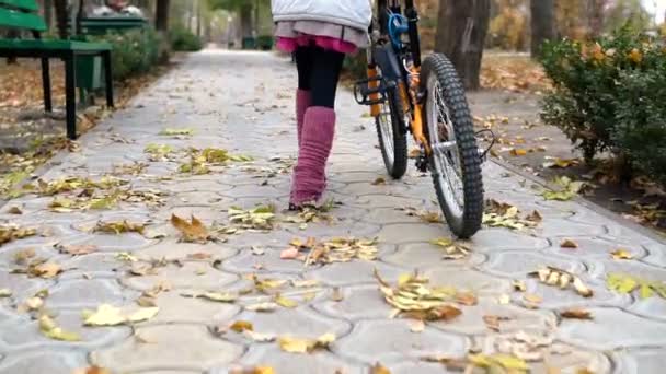 Μία Καυκάσια Παιδιά Βόλτες Ποδήλατο Δρόμου Στο Φθινοπωρινό Πάρκο Μικρό — Αρχείο Βίντεο