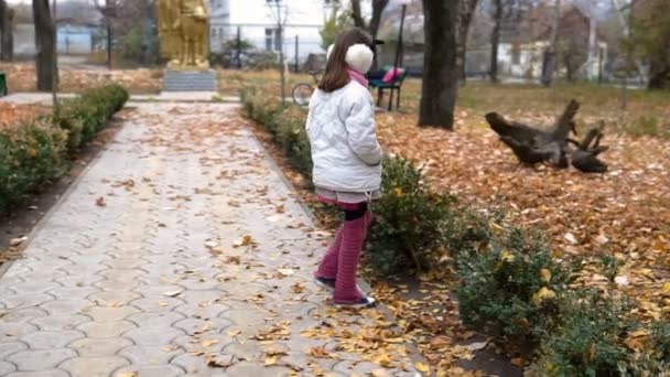 Ένα Μικρό Κορίτσι Βόλτες Στο Πάρκο Φθινόπωρο — Αρχείο Βίντεο