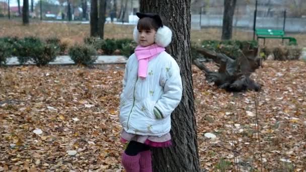 Ένα Μικρό Κορίτσι Βόλτες Στο Πάρκο Φθινόπωρο — Αρχείο Βίντεο