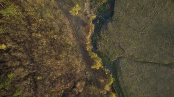 Voo Sobre Montanhas Outono Pequeno Rio Com Florestas Luz Suave — Vídeo de Stock