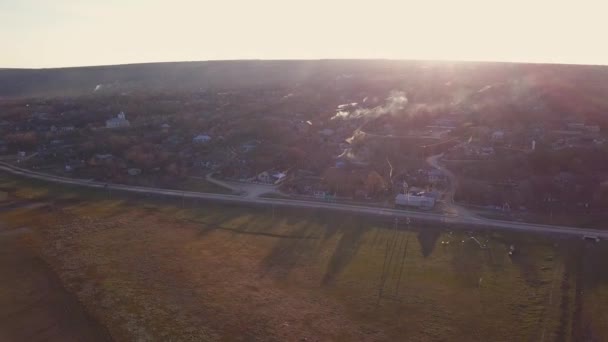 Arial Pohled Řeku Malé Vesnice Při Západu Slunce Dněstr Řeka — Stock video