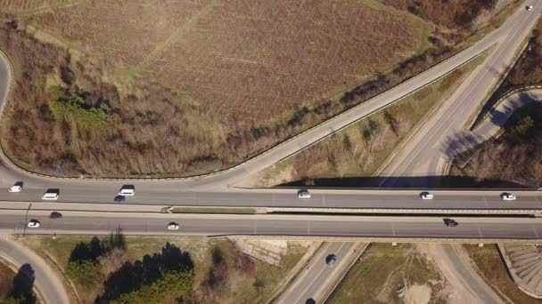 Aerial Top View Interchange Road Junction Traffic Drone Shot Flying — Stock Video