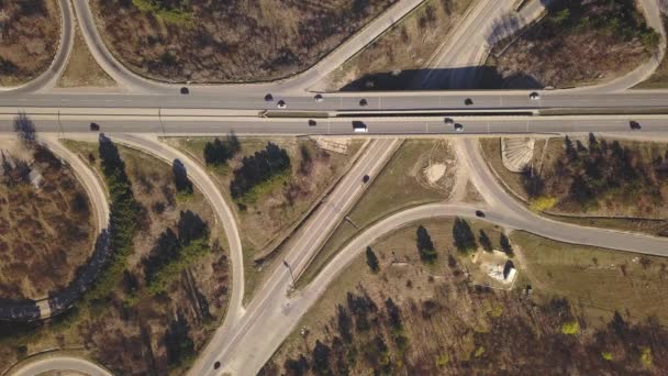 Aerial Top View Interchange Road Junction Traffic Drone Shot Flying — Stock Video