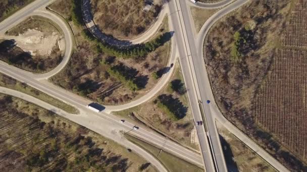 Aerial Top View Interchange Road Junction Traffic Drone Shot Flying — Stock Video