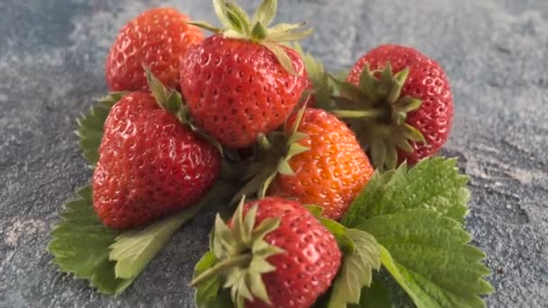 Frische Erdbeeren Auf Blauem Hintergrund Rotierend — Stockvideo