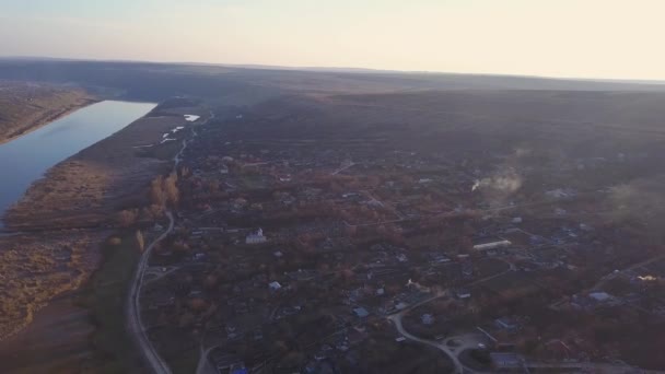 Vista Ariale Sul Fiume Piccolo Villaggio Tramonto Fiume Dniester Della — Video Stock