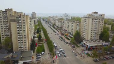 Kishinev city. April, 2019.. Stock footage aerial view city of Kishinev, flight over the Buildings and street.