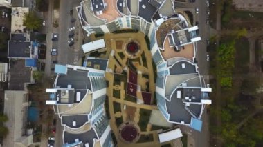 Kishinev city. April, 2019. Top view aerial futage of city with modern skyscrapers with contemporary design.