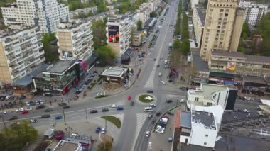 Kishinev city. April, 2019.. Stock footage aerial view city of Kishinev, flight over the Buildings and street.