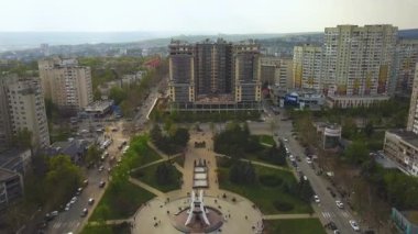 Kishinev city. April, 2019.. Stock footage aerial view city of Kishinev, flight over the Buildings and street.