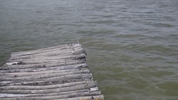 Holzsteg Oder Seebrücke Einem See Von Der Pov Vom Ufer — Stockvideo