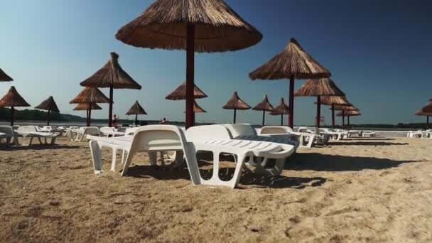 Tropisch Strand Met Ligstoelen Zonnige Dag — Stockvideo