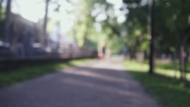 Mamãe Caminha Com Uma Filha Pequena Parque Imagem Fora Foco — Vídeo de Stock