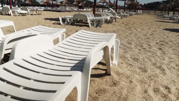 Tropisch Strand Met Ligstoelen Zonnige Dag — Stockvideo