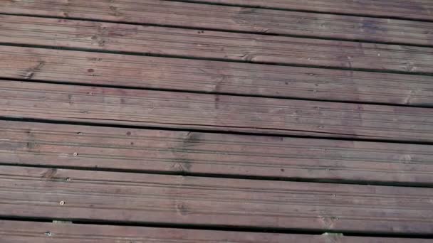 太陽の光の中で川の長い木製の桟橋に沿って移動するカメラの映像 木製桟橋の閉鎖バッハグラウンド — ストック動画