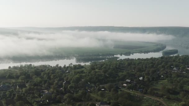 Slowly Looking River Dniester Small Village Covered Mist Morning Sun — Stock Video
