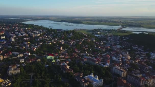 Vista Aérea Slatina Romênia Voo Drone Sobre Cidade Europeia Pôr — Vídeo de Stock