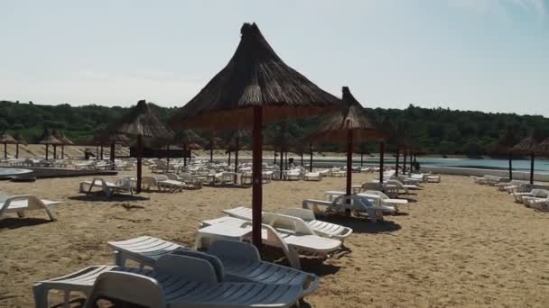 Playa Tropical Arena Con Tumbonas Día Soleado — Vídeo de stock