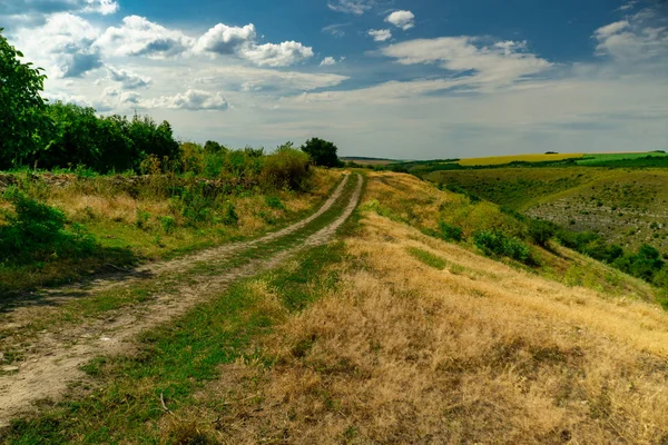 Paisaje de verano con hierba verde, carretera y nubes —  Fotos de Stock