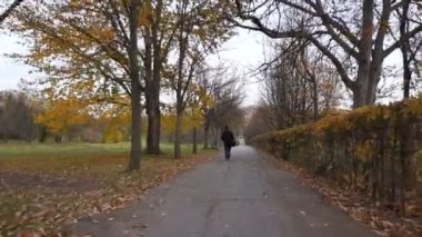 Kaldırımda yürüyen kot pantolon ve spor ayakkabılı bir adam. Sokakta, sonbahar parkı. Hd