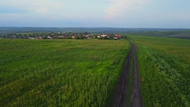 Voando Sobre Colinas Verdes Campo Casas Aldeia Terras Agrícolas Primavera — Vídeo de Stock