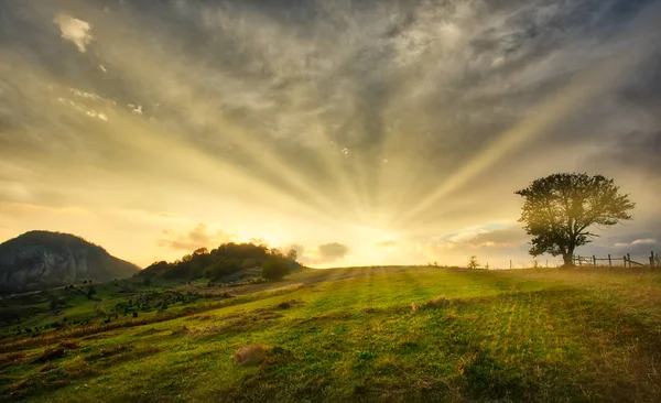 Valle della montagna durante il tramonto. Paesaggio naturale autunno — Foto Stock