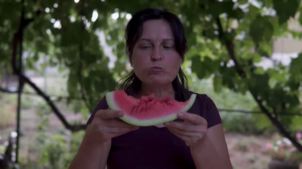 夏の日に赤いジューシーなスイカを食べる若いブルネットの女性 — ストック動画