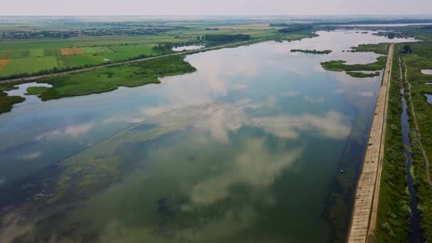 Letecký Pohled Modrou Řeku Prodělá Úvahy Slunečného Letního Dne Drone — Stock video