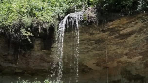 Bliska Małego Wodospadu Głębokim Lesie Dźwiękiem — Wideo stockowe