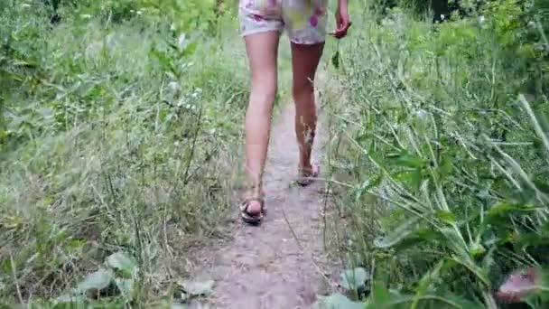 ブラウスとデニムショートパンツの裏側の女の子は 緑の森を通ってパスに沿って歩きます スローモーション — ストック動画
