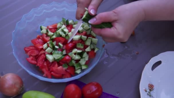 女人正在准备新鲜蔬菜的沙拉 她正在厨房里割西红柿和黄瓜湿手 双手特写 — 图库视频影像
