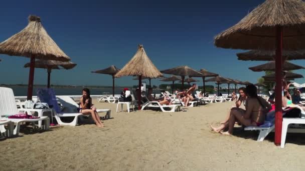 Roemenië Slatina Juni 2019 Tropisch Zandstrand Met Ligstoelen Zonnige Dag — Stockvideo