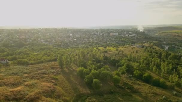 日落时分 在绿地和郊区上空观看无人机飞行 夏季景观 — 图库视频影像