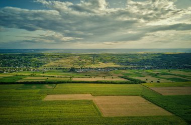 Yeşil ve sarı pirinç tarlasının havadan görünümü, gün batımında farklı desen büyüdü.