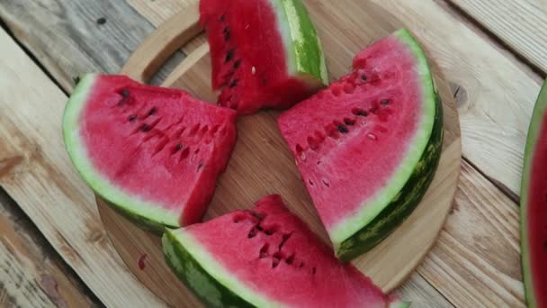 Fresh Sliced Watermelon Wooden Background Garden — Stock Video