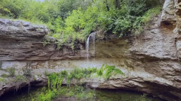 Volo Sopra Piccola Cascata Nella Foresta Verde Girato Con Drone — Video Stock