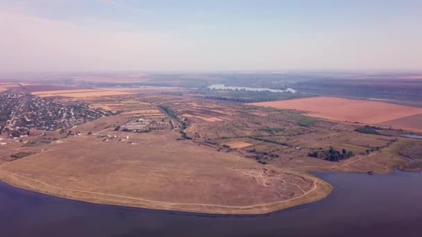 Top View Dnestr Dniester River Autumn River Surrounds Yellow Field — Stock Video