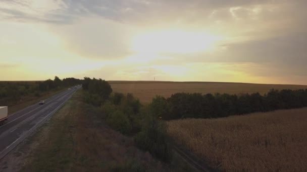 Letecký Pohled Dálnici Lesy Poli Při Západu Slunce Podzimní Krajina — Stock video