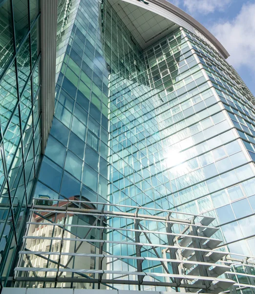 September 16, 2019. Kishinev, Republic of Moldova. Underside panoramic and perspective view to steel blue glass high rise building skyscrapers — Stock Photo, Image