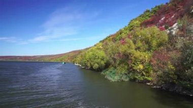 Sonbaharın inanılmaz renkleri. Nehir kenarındaki sonbahar ormanı. Peyzaj videosu. Doğa videosu.