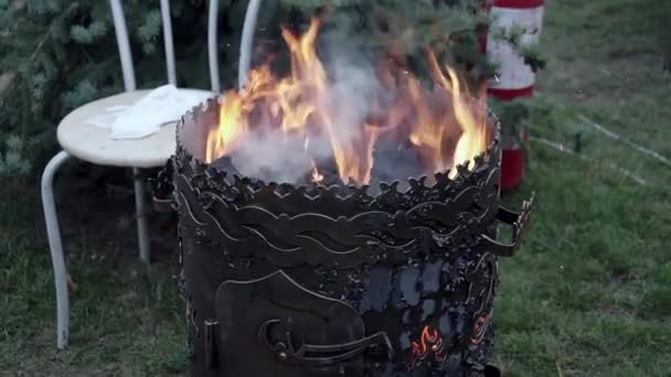 Primo piano di carboni ardenti nel barbecue. Il carbone sta iniziando a bruciare. Carbone caldo e fiamma con fumo . — Video Stock