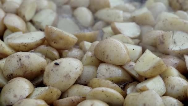 Primer plano de patatas fritas caseras. Cocinar patatas fritas en condiciones al aire libre en el fuego. Fuego patatas fritas. Comida simple. Patatas en una sartén negra . — Vídeos de Stock