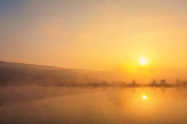Sisli gölün üzerinde gün doğumu. Canes göl kıyısında ön planda. Nehir kıyısındaki ağaçların üzerinden güneş yükseliyor..