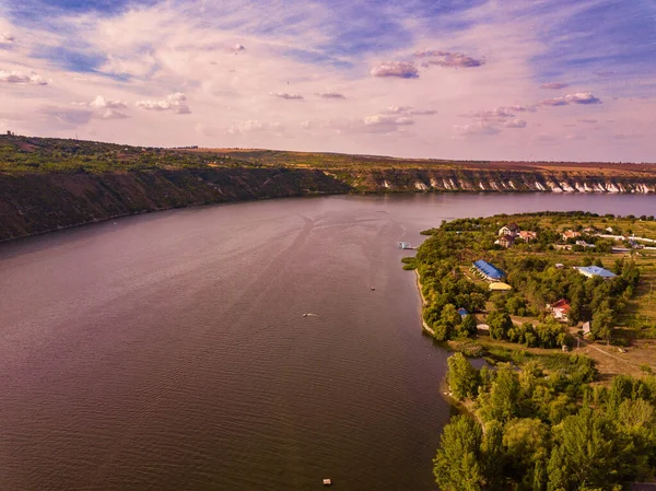 Arial view over the river and small village in autumn. Moldova republic of. Molovata village. River Dniester. — Stock Photo, Image