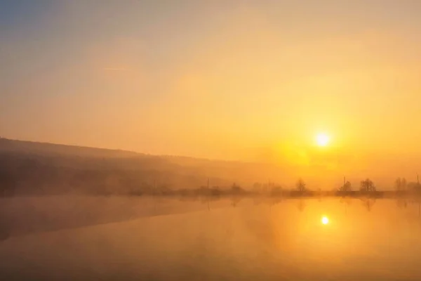 Wschód słońca nad mglistym jeziorem. Laski na pierwszym planie na wybrzeżu jeziora. Słońce wschodzi nad drzewami na dalszym brzegu rzeki.. — Zdjęcie stockowe