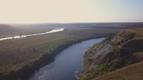 Vista Superior Del Río Dnestr Dniester Otoño Río Rodea Campo — Vídeo de stock